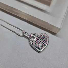 COLAR PRATA PING CORAÇÃO ZIRC RAINBOW