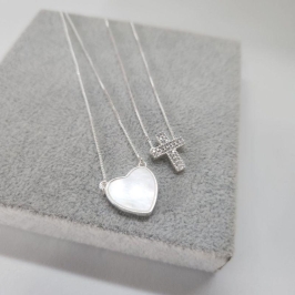 COLAR PRATA ESCAPULÁRIO CRUZ CORAÇÃO MADREPÉROLA