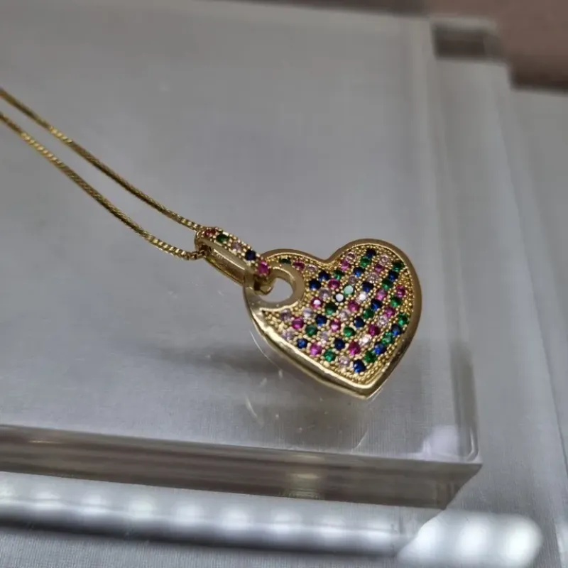 COLAR OURO PING CORAÇÃO ZIRC RAINBOW