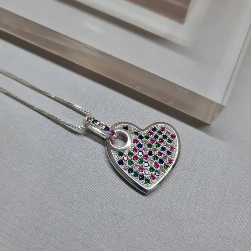 COLAR PRATA PING CORAÇÃO ZIRC RAINBOW