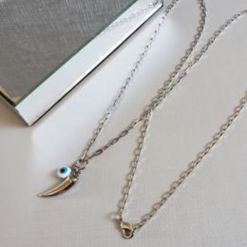COLAR PRATA LONGO DENTE OLHO GREGO