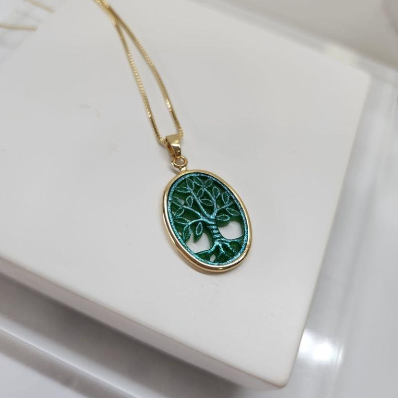 COLAR OURO ARVORE DA VIDA RESINA VERDE