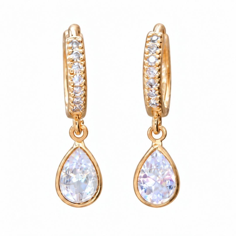 BRINCO OURO ARGOLA ZIRC CRISTAL GOTA M