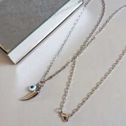 COLAR PRATA LONGO DENTE OLHO GREGO