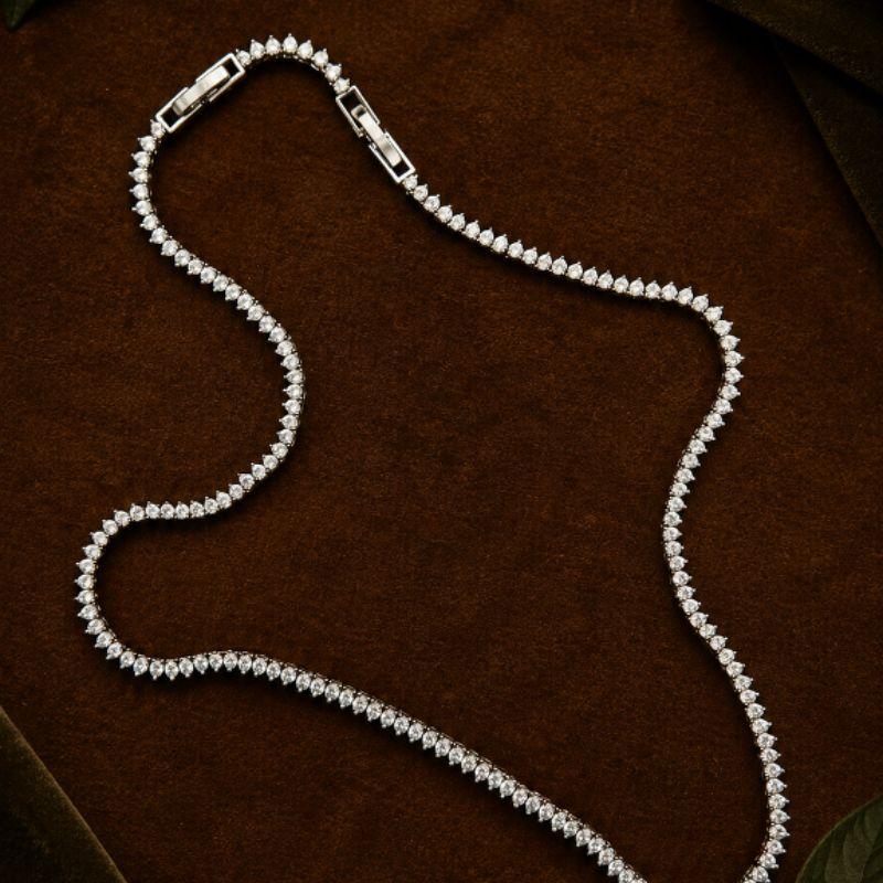 COLAR RÓDIO BRANCO LUXO RIVIERA 2MM 3 PONTAS ZIRCÔNIAS