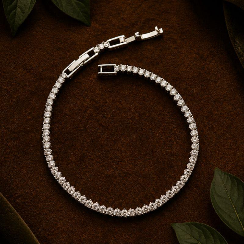 PULSEIRA RÓDIO BRANCO LUXO RIVIERA 2MM 3 PONTAS ZIRCÔNIAS